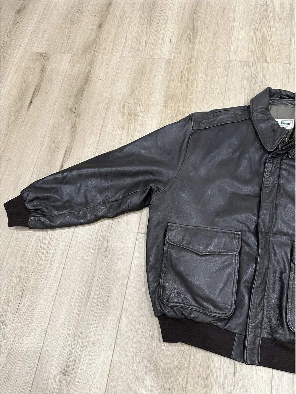 Vintage LL Bean Leather Bomber Jacket Mens XL Brown Flight Coat